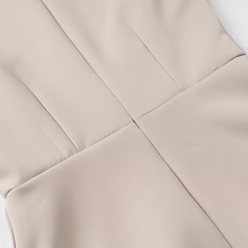 Elegant beige pleated langry fashion dress, high waist slim fit silhouette