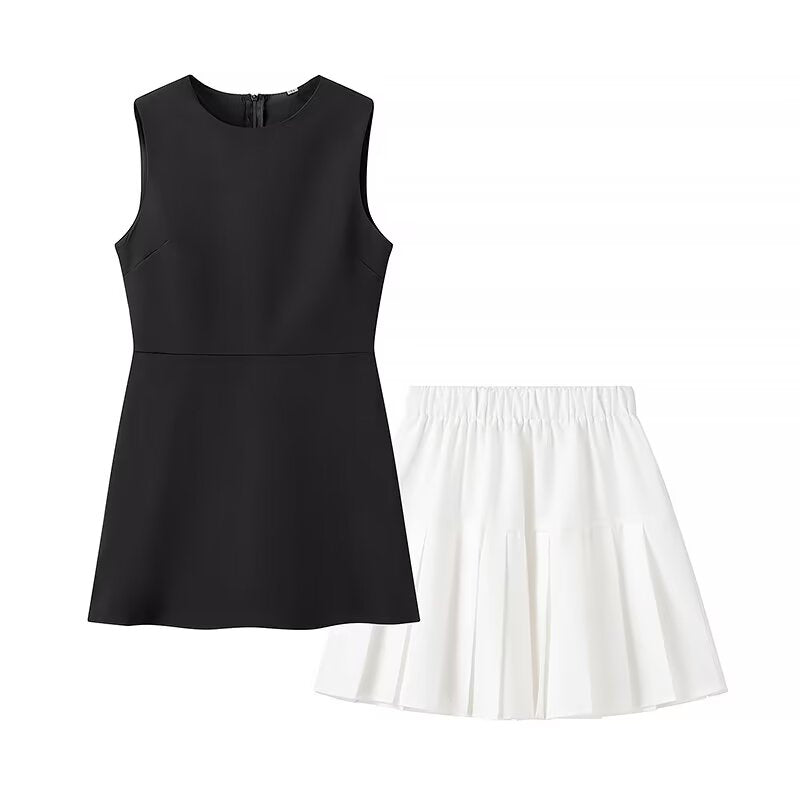 Elegant slim fit langry fashion black sleeveless dress with white pleated skirt