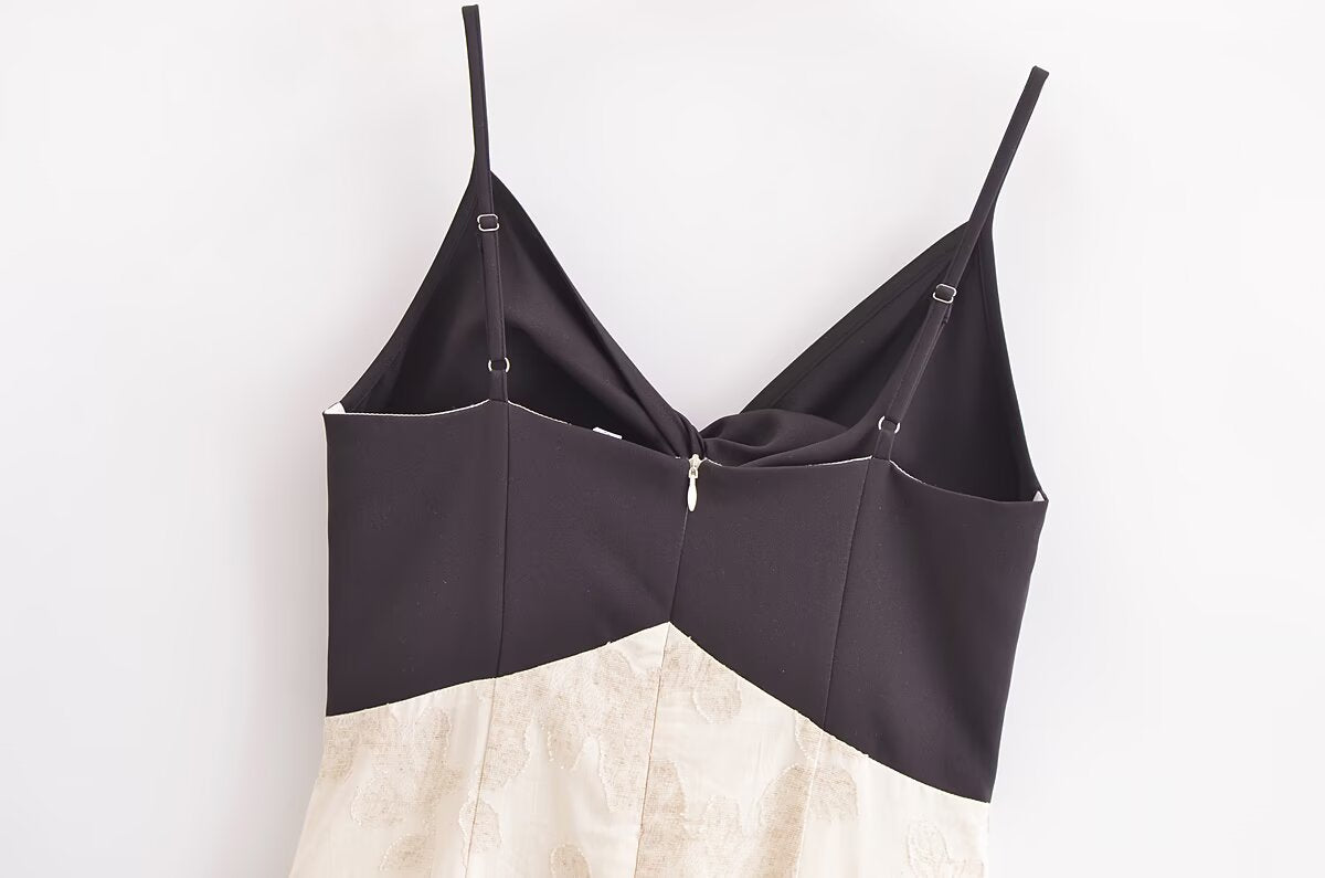 Elegant Sling French Design Dress featuring a sleeveless black and beige langry style