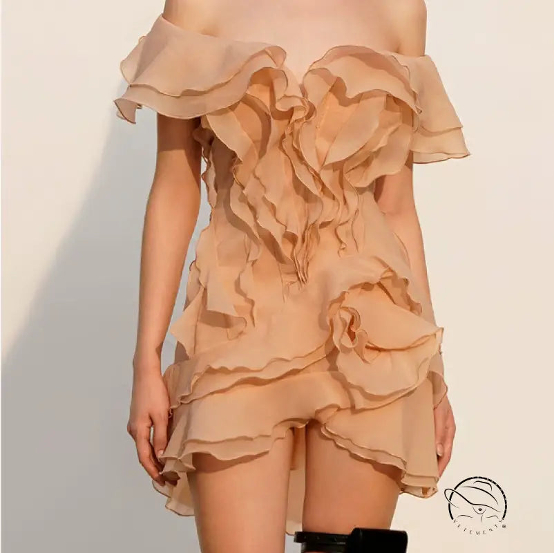 Ruffled off-the-shoulder peach dress in Langry fashion ملابس