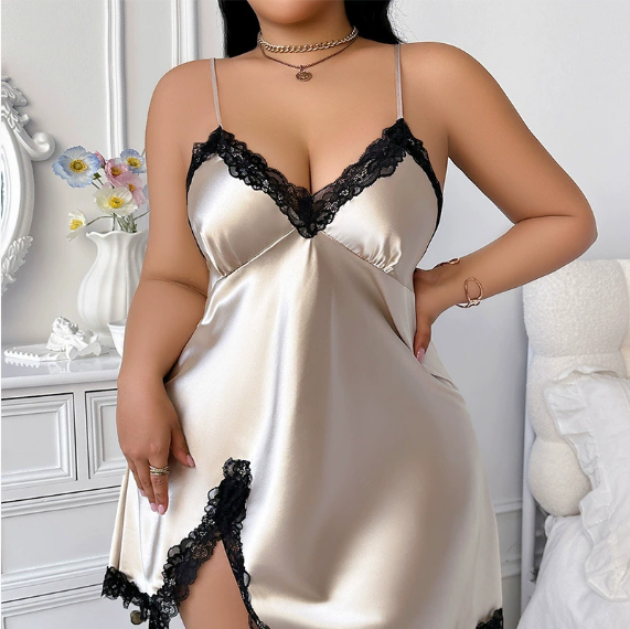 Cream satin lace-trimmed Langry fashion camisole nightdress with black accents