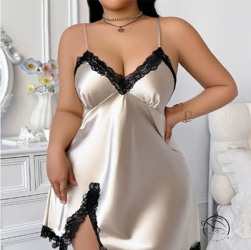 Cream satin lace-trimmed camisole dress with black accents, langry fashion nightdress