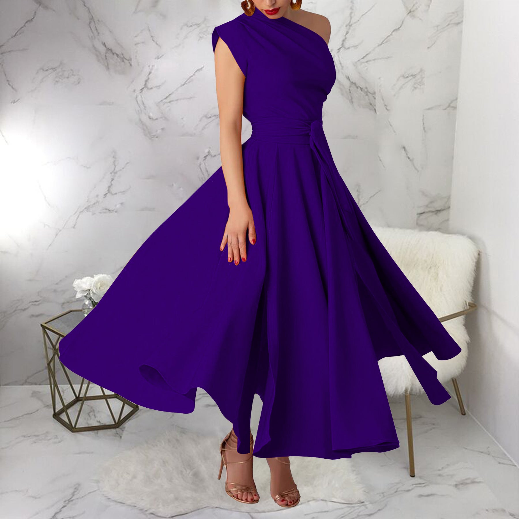 Royal blue satin maxi dress with high neckline and flowing skirt
