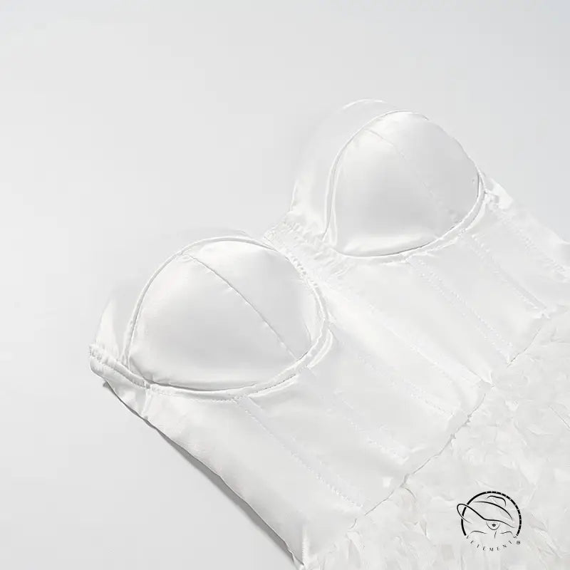 White satin bra with padded cups in early spring floral tube top dress