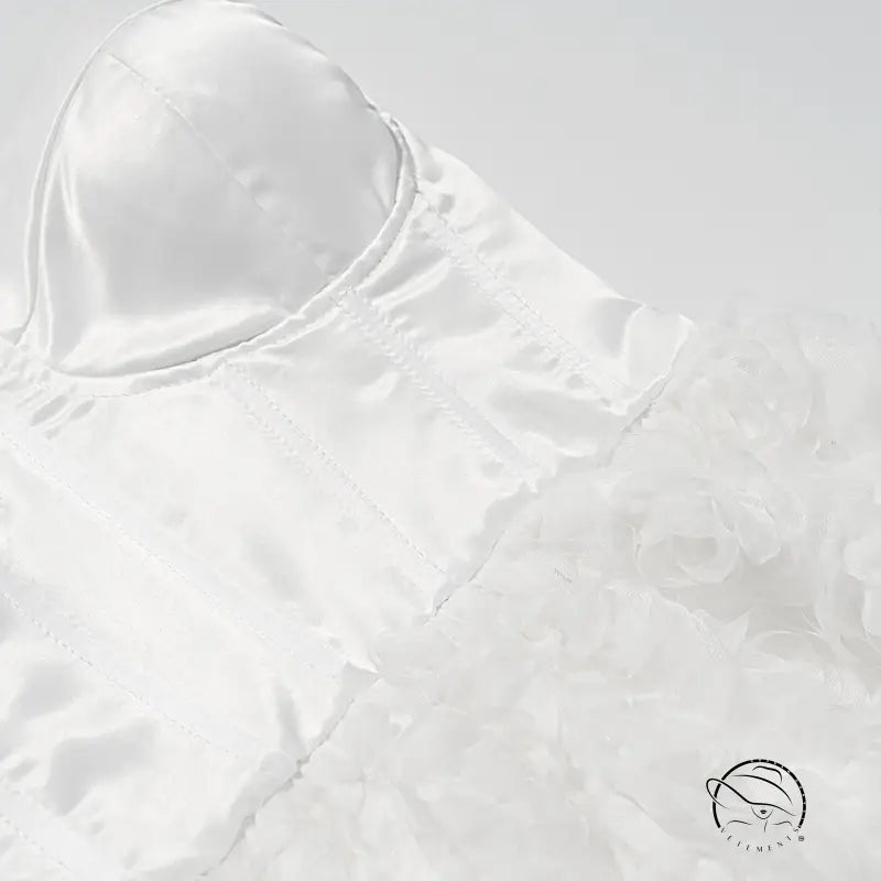 Early spring floral white satin blouse with ruffled sleeves