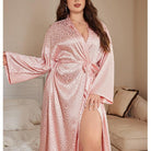 Pink leopard print Langry satin robe with bell sleeves and tie waist