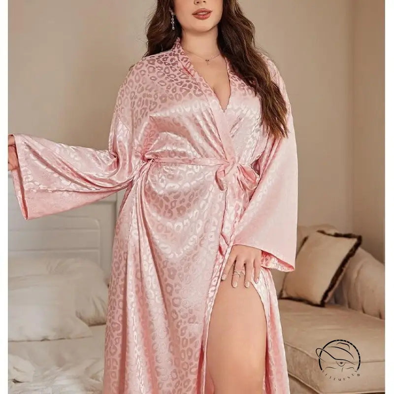Pink leopard print satin robe with bell sleeves and tie waist, langry fashion nightgown