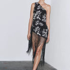 Black and white floral Langry fashion dress with fringe and mesh
