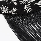 Black and white floral langry scarf with tassels on cute short embroidery dress