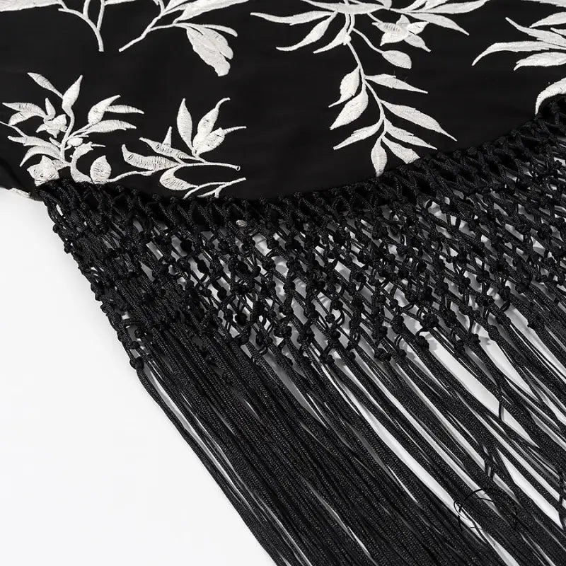 Black and white floral langry scarf with tassels on cute short embroidery dress