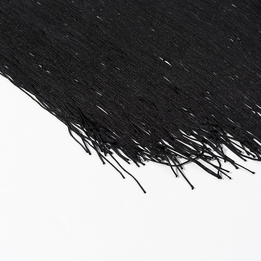 Langry black fringe scarf with textured knit on cute embroidery dress