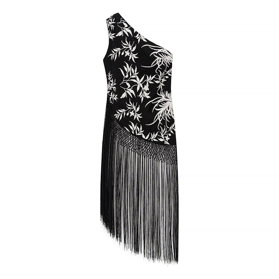 Langry black and white floral one-shoulder fringe dress with high neckline, fashion ملابس