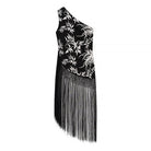 Langry black and white floral one-shoulder fringe dress with high neckline, fashion ملابس
