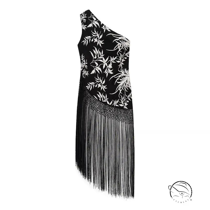 Black and white floral langry fashion dress with fringe