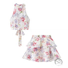 Enchanting langry fashion ملابس: white floral halter top and ruffle skirt set