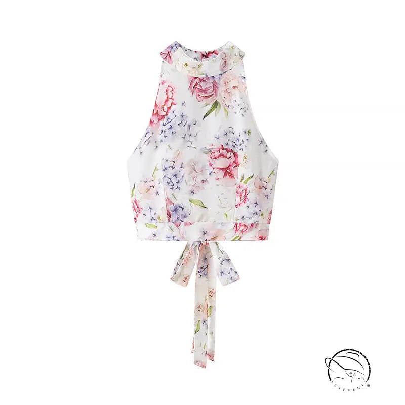 Enchanting langry fashion floral halter sleeveless top in pink flowers