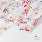 Enchanting floral print leggings with pink, purple, blue flowers on white background, langry fashion ملابس