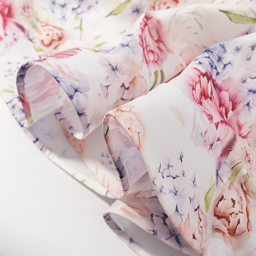 Enchanting langry fashion floral scarf with pink white flowers on sheer background