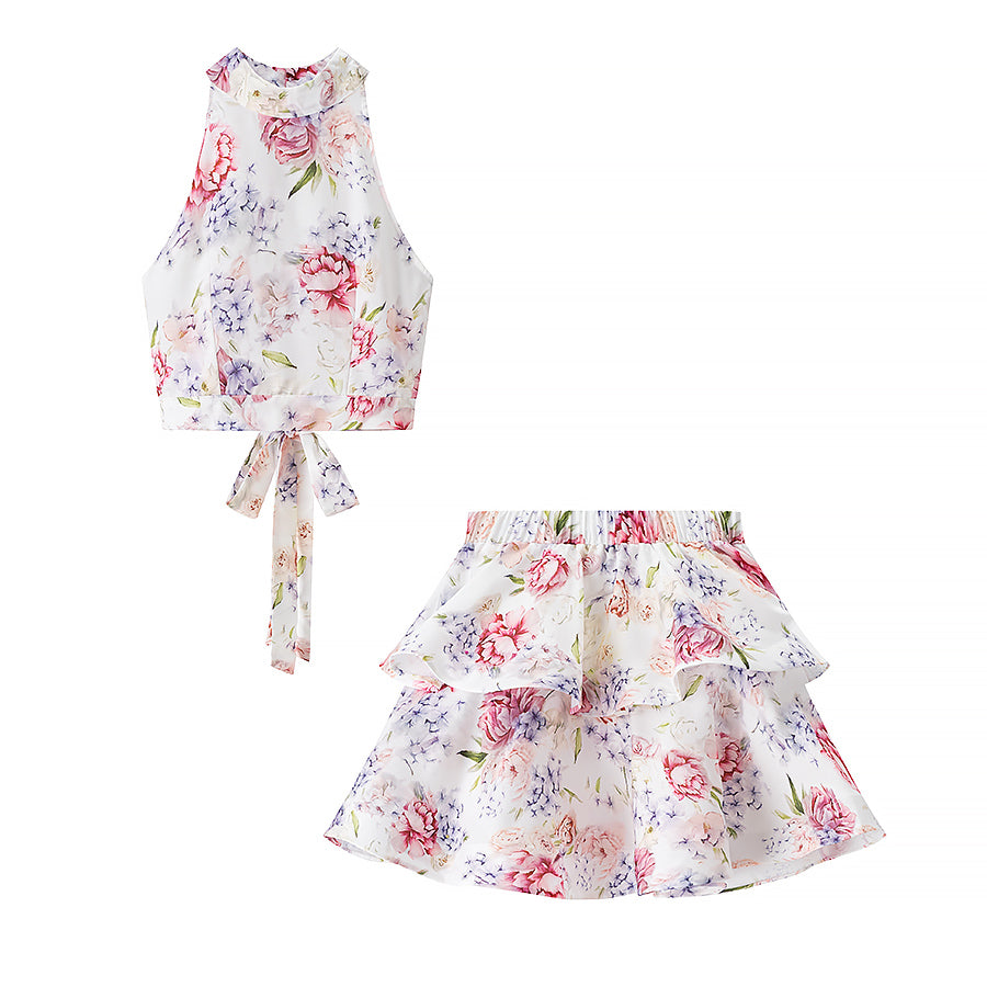 Enchanting Langry fashion floral halter top and ruffle skirt set