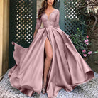Elegant pink gown with high slit, perfect for an Elegant Princess Dress at a trailing banquet