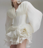 Langry fashion white rose silk dress with ruffles, ملابس