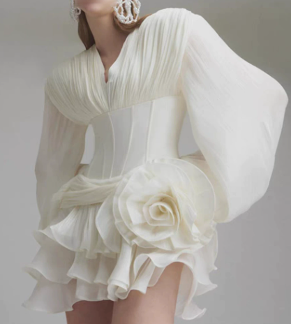 Langry fashion white rose silk dress with ruffles, ملابس