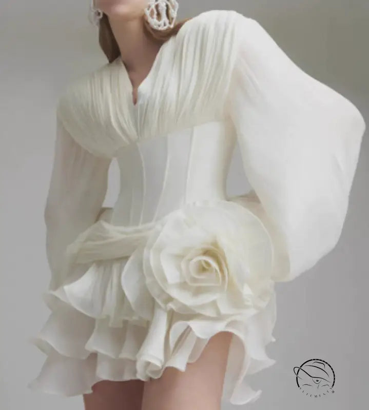 Elegant white rose silk dress by Langry fashion with ruffles