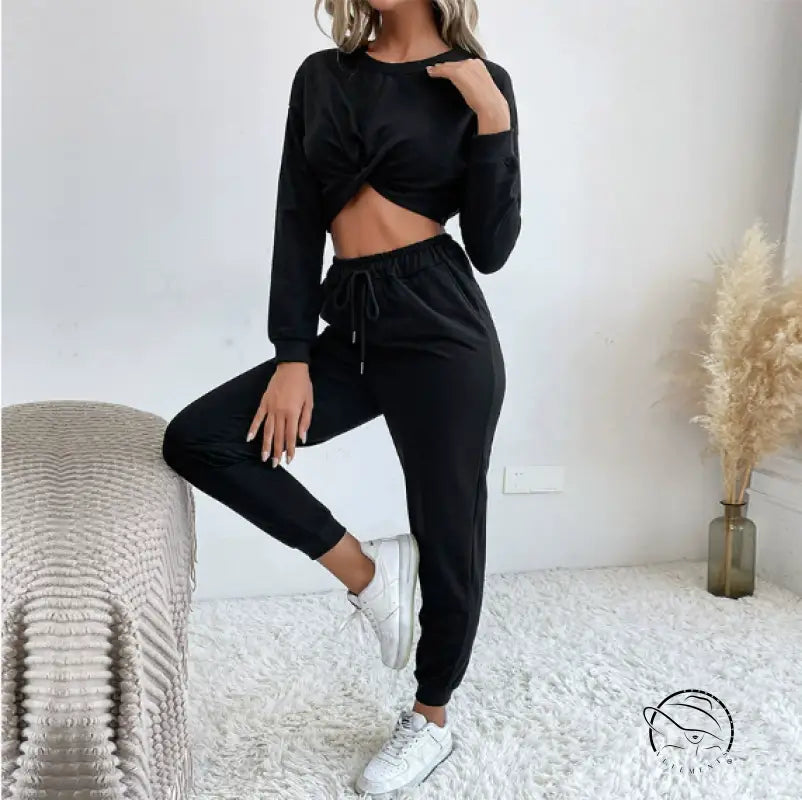 Casual black langry fashion two-piece sweater set with twisted front sweatshirt and drawstring pants