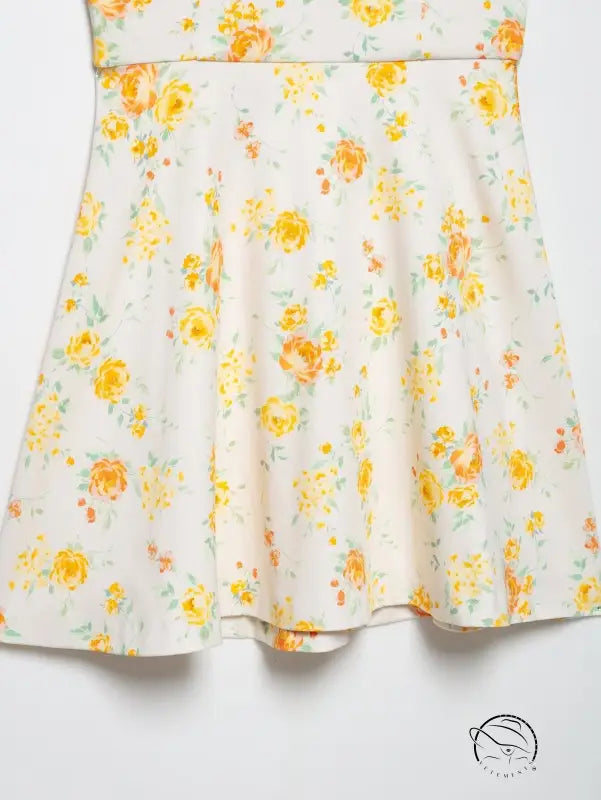 White floral print poplin dress with yellow orange flowers, elastic waistband, langry fashion ملابس