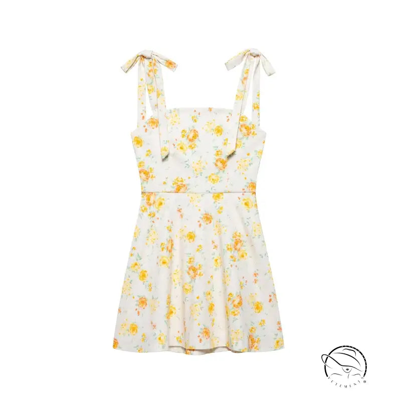 Yellow floral print mini dress with bowknot tie details in Langry fashion