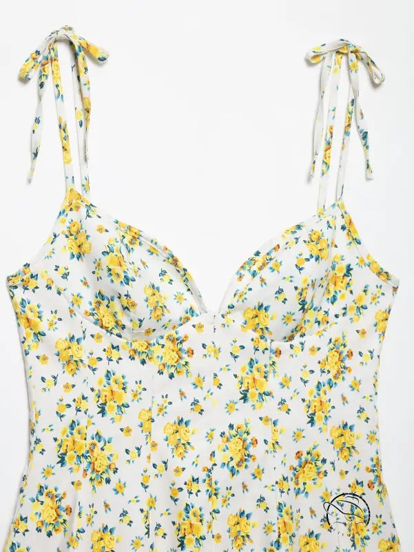 Langry floral print poplin slimming dress in white and yellow tank top style with adjustable straps