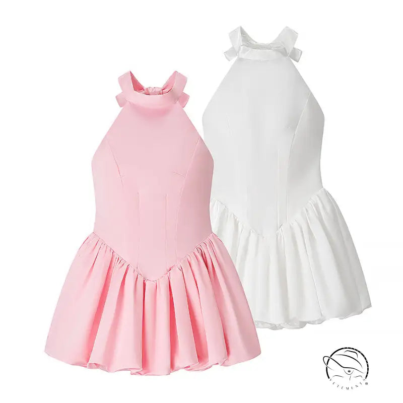 Elegant fitted waist bowknot lace up dress in pink and white with ruffles