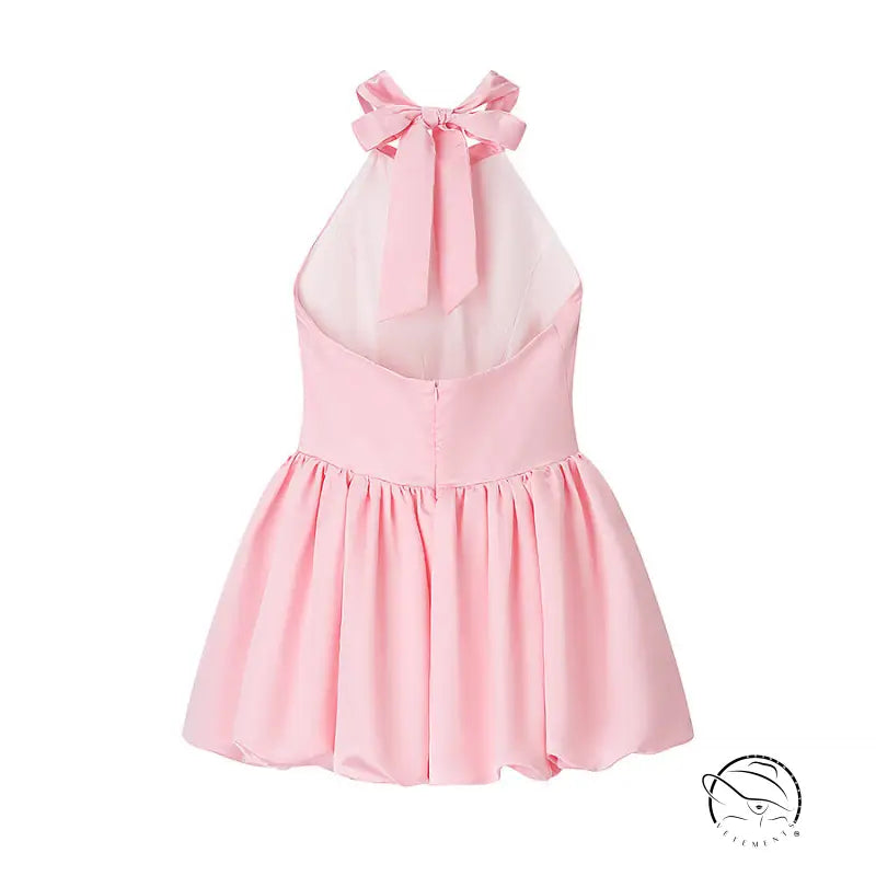 Elegant fitted waist bowknot lace up pink sleeveless dress with back bow