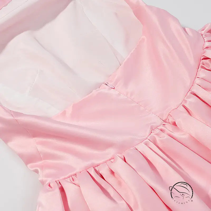 Elegant fitted waist bowknot lace up pink satin dress with ruffles