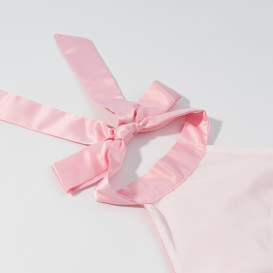 Pink satin bow tie on elegant Langry fashion waist bowknot dress