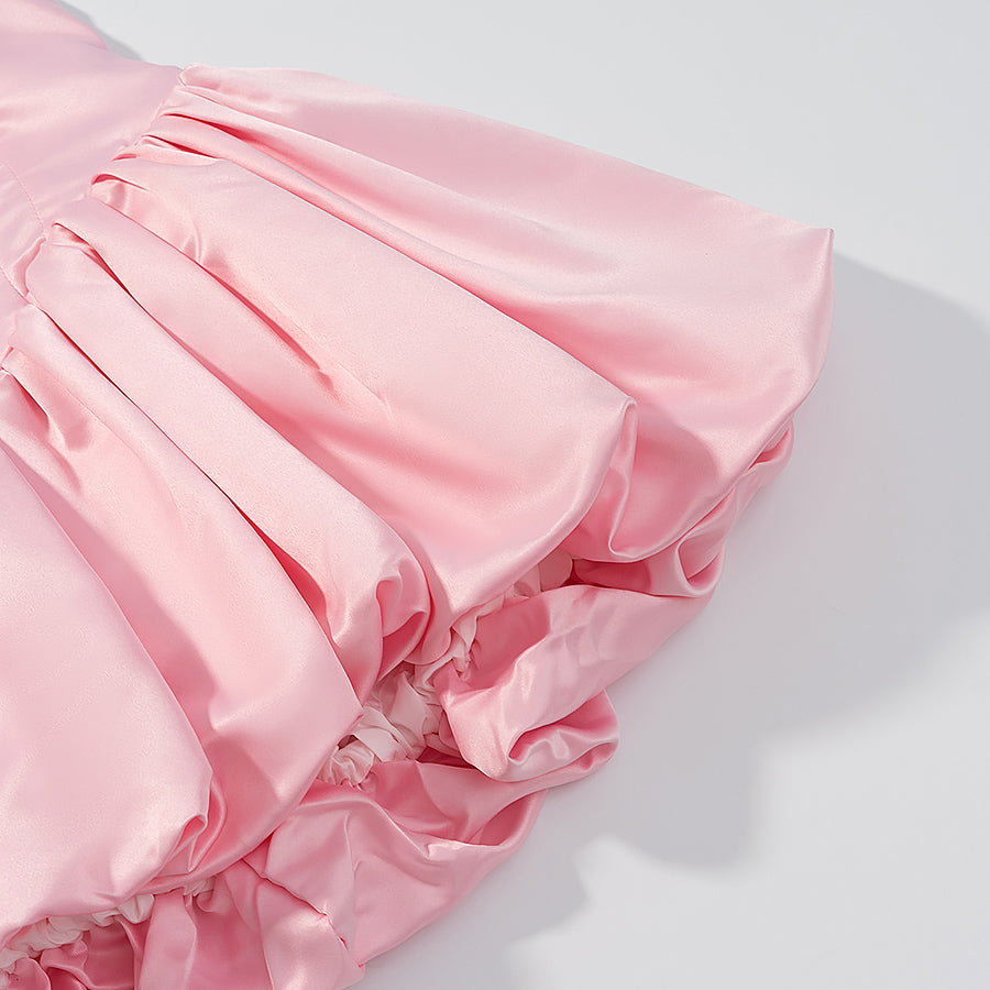 Elegant pink satin ruffled langry fashion dress with gathered waist