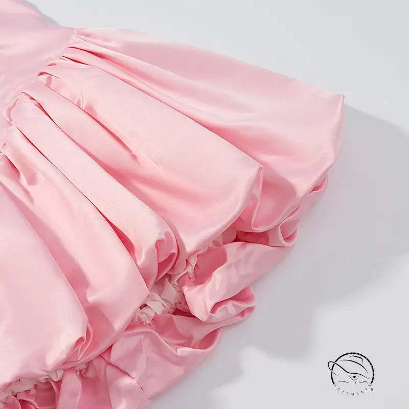 Elegant fitted waist bowknot lace up pink satin ruffled dress