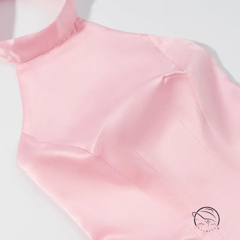 Elegant fitted waist pale pink satin leotard with bowknot lace up design