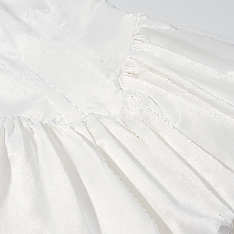 Elegant white cotton fashion dress with ruffled neckline, fitted waist bowknot, lace up sleeves