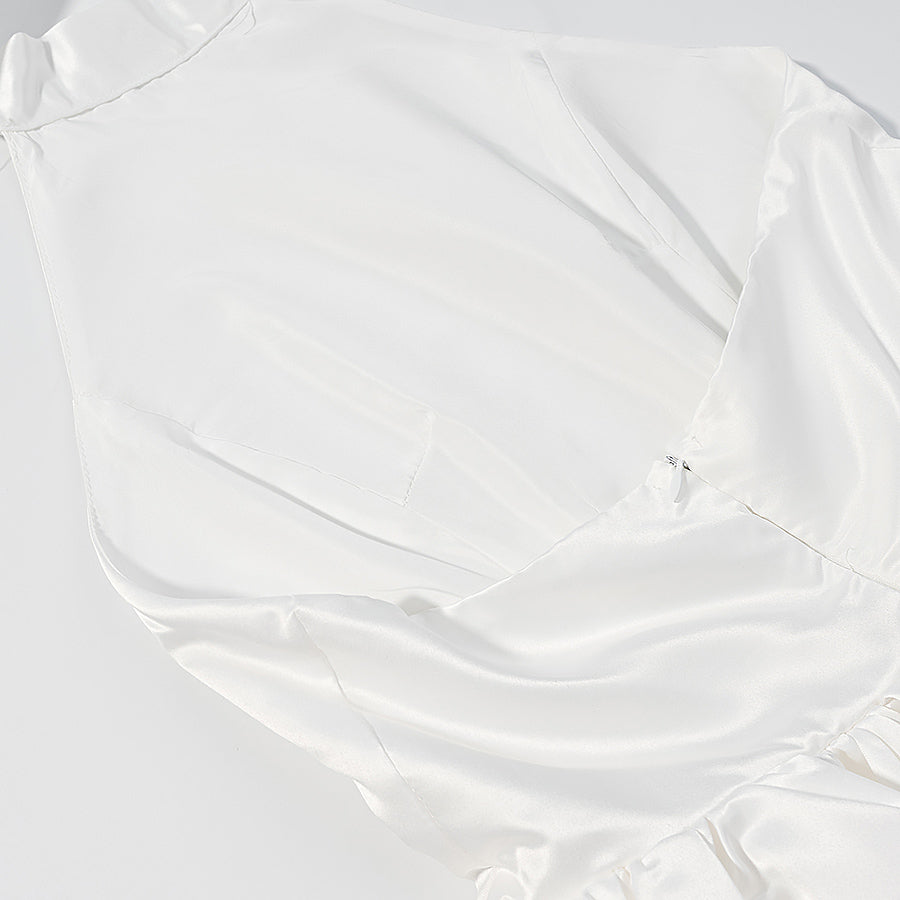 Elegant langry fashion white silk blouse with ruffled hem