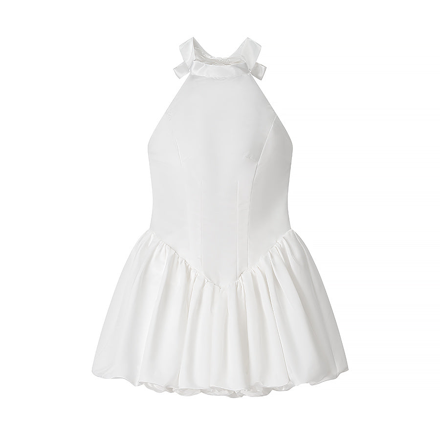 Elegant white halter neck langry fashion dress with ruffled hem and bowknot details