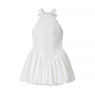 Elegant white halter neck langry fashion dress with ruffled hem and bowknot details