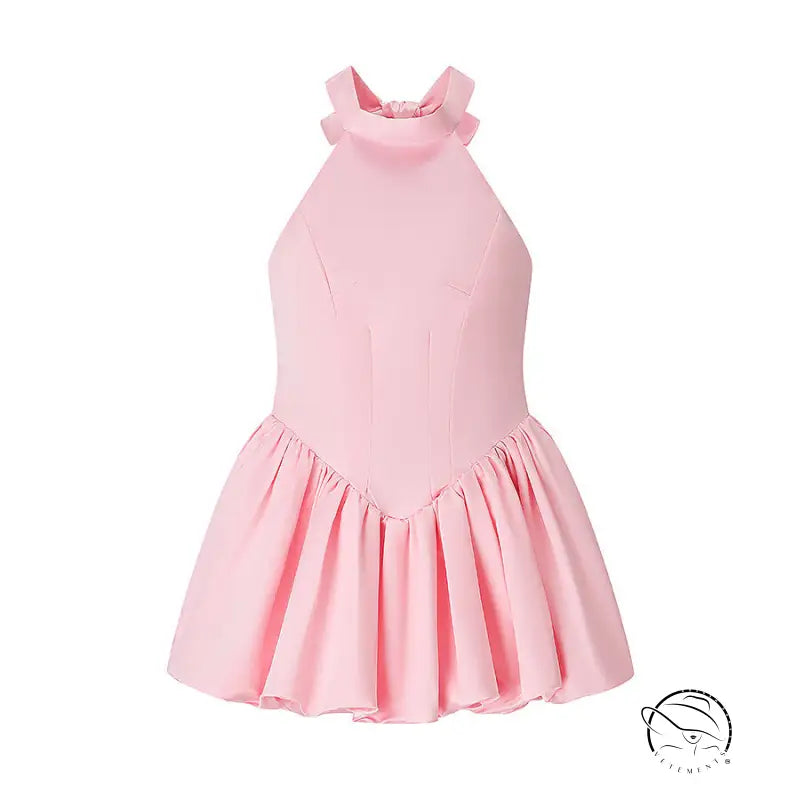 Elegant fitted waist bowknot lace up pink halter neck dress with ruffles