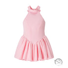 Elegant fitted waist bowknot lace up pink halter neck dress with ruffles