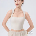 Beige square-neck adjustable shockproof outdoor running bra in stretchy crop top fabric