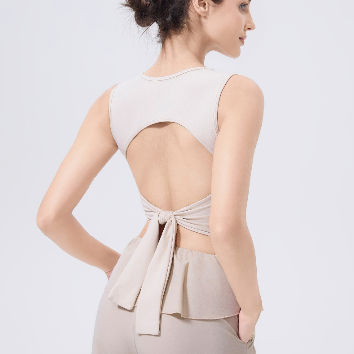 Adjustable shockproof beige open-back outdoor running bra with bow detail