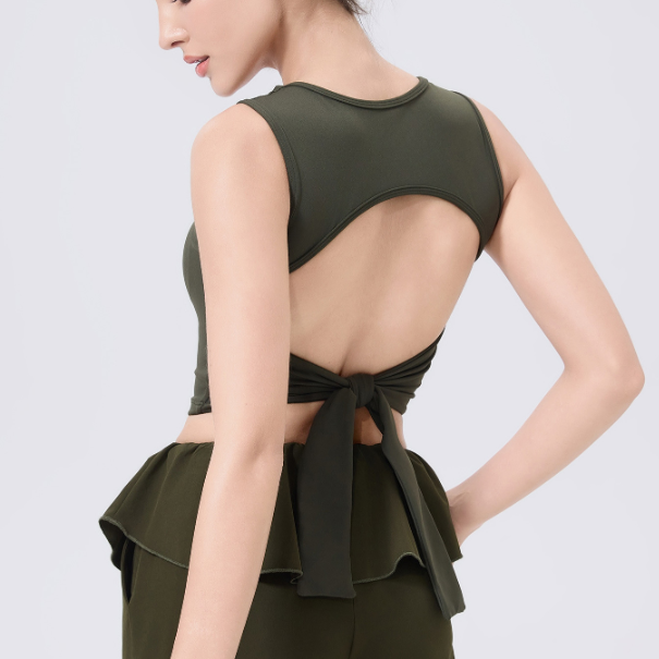 Olive green adjustable shockproof outdoor running bra with peplum top and ruffled tie back