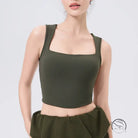 Olive green adjustable shockproof outdoor running bra with square neckline