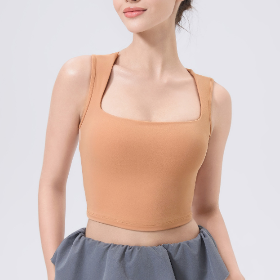 Beige square-neck adjustable shockproof outdoor running bra crop top