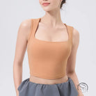 Beige square-neck adjustable shockproof outdoor running bra in stretchy fabric